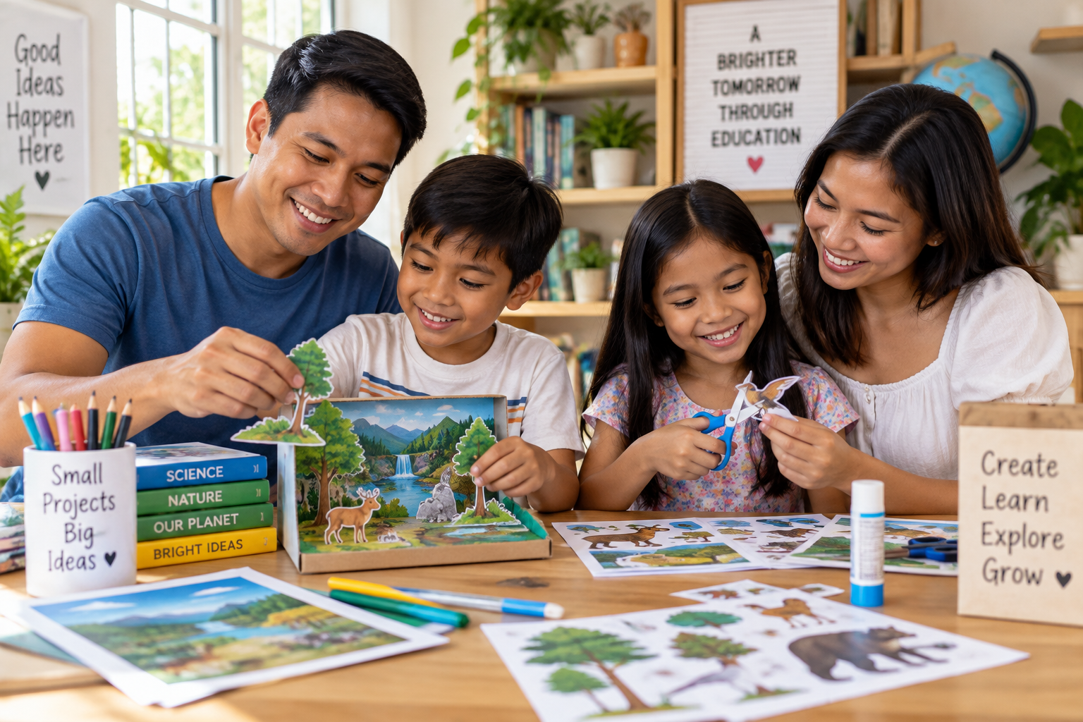 Family in the Philippines working together on a printable school project and paper diorama